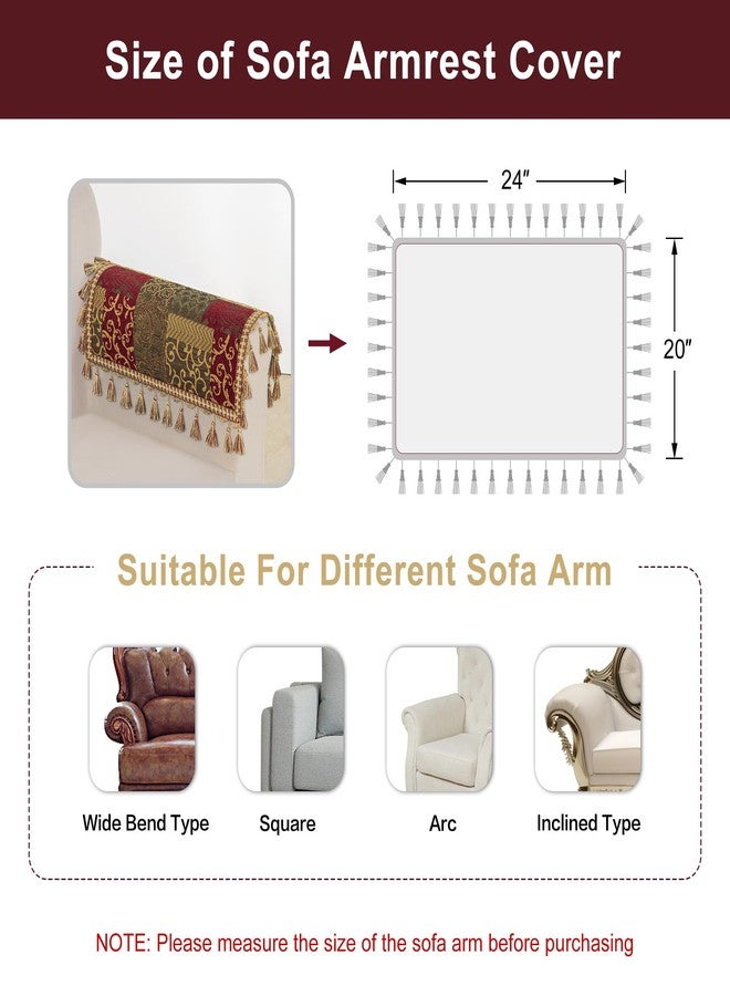 Loom and Mill Luxury Sofa Armrest Covers Set of 2, Classic Damask Thick Chenille Couch Arm Cover Furniture Protector with Lace Edge and Tassels for Chair Couch Sofa (Red&Gold Patchwork, 20x24 inch) - Image 2